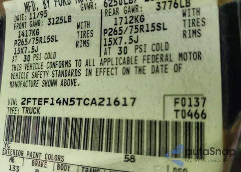 1996 Ford F150 z USA, uszkodzony, nr VIN 2FTEF14N5TCA21617